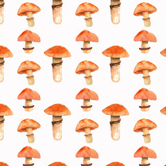 Seamless pattern with mushrooms.Cortinarius caperatus.Watercolor hand painted on white background