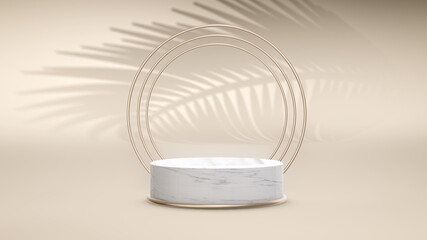 Fototapeta na wymiar 3d render Gold-framed marble podium with swinging palm shadow