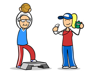 Personal Trainerin unterstützt Senior mit Medizinball auf Steppbrett bei Aerobic