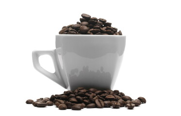 Coffee beans pile with white porcelain cup, mug isolated on white background