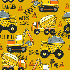 seamless pattern with Hand drawn construction machines . Kids background for  textile,  fashion, wrapping paper, graphic tees © SokolArtStudio