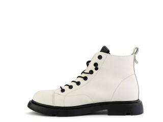 White leather ankle boots with black laces and black rubber sole. Isolated close-up on white background. Left side view. Casual seasonal shoes. Fashion shoes.