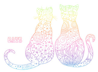 Cats. Design Zentangle. Hand drawn cat with abstract patterns on isolation background. Design for spiritual relaxation for adults. Decorative style. Line art creation. Print for polygraphy, t-shirts