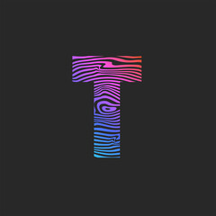 Letter T logo gradient bright striped pattern, smooth curves creative identity emblem for print t-shirt