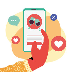 hand using smartphone with wine cups love app