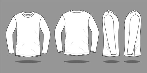Blank white long sleeve t-shirt template on a gray background. Front, back and side views, vector File