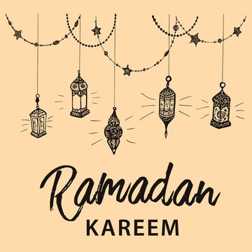 Hand Drawn Card, Congradulations For Muslim People Of Holy Month, Greeting Ramadan Kareem (means Generous) Background With Arabic Lamps, Islamic Print 