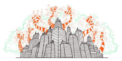Hand drawn line art illustration with modern city theme. Buildings, arrows and clouds are grouped separately. Editable for changing colors. Vector EPS. 