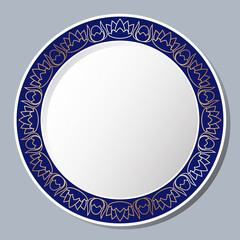 Decorative plate with vintage ornament. Circular floral gold frame. Vector EPS 10.