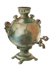 Samovar. Set for tea.Watercolor illustration on a white background. 