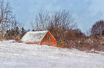 Old, abandoned barn on a winter day. Illustration done as a digital watercolor.
