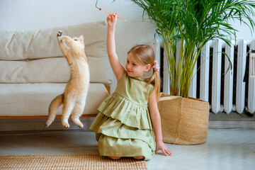 little girl playing with cat at home