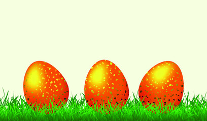 Happy Easter Greeting Card with Easter Eggs. Golden easter eggs on the fresh green grass