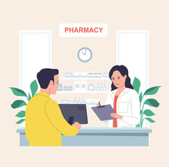 Man buys medicines at a pharmacy.Vector flat style cartoon illustration.
