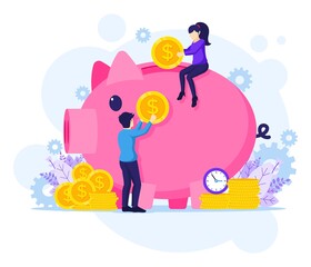 Investment concpet illustration, People putting money into a giant piggy bank, money-saving flat vector illustration