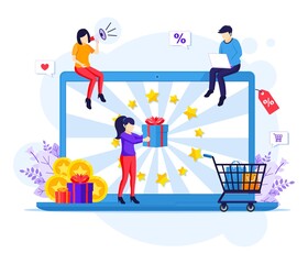 Online reward concept, People receives a gift box from a marketing loyalty program flat vector illustration