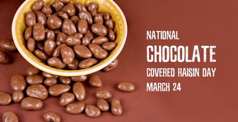 National Chocolate Covered Raisins Day stock images. Raisins in milk chocolate on a brown background. Chocolate Covered Raisins Day Poster, March 24. Important day