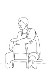 man sits incorrectly on the chair, the guy turned the chair back  and sat with his legs apart. He folded his arms over the back of the chair - one line drawing. Informal chair sitting