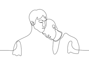 Obraz premium two men are standing side by side, one of them bowed his head on the other - one line drawing. The concept of moral support, experience of joint loss and grief, skinship, touch of family, lovers