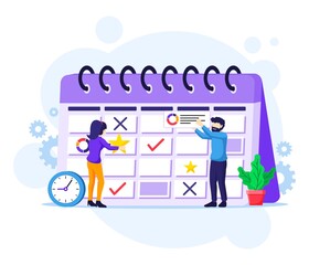Business planning concept, People filling out the schedule on a giant calendar, work in progress vector illustration