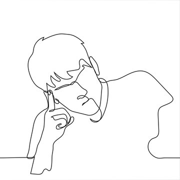 recommend clip art: man props his temple with his index finger, he thinks intensely - one line drawing. Face line art, concept of thinking, decision making, brainstorming,