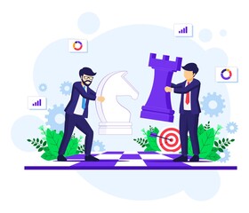 Business strategy concept with businessmen moving chess pieces on chess board. Strategic and tactics in business vector illustration