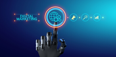 DIgital marketing Online advertising internet Analytics concept. Robotic arm 3d rendering.