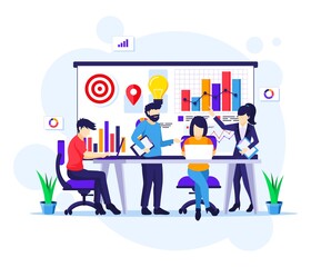 Fototapeta premium Business teamwork concept, Co-working in meeting and presentation flat vector illustration