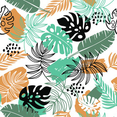 Hand drawn tropic flat pattern. Palm leaves background.  for textile,  fashion wear, wrapping paper. Abstract decorative flat vector illustration