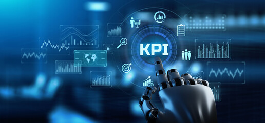 Key Performance Indicator KPI Business technology concept. Robotic arm 3d rendering.