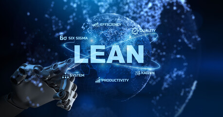 Lean manufacturing six sigma dmaic quality control business technology concept. Robotic arm 3d rendering.