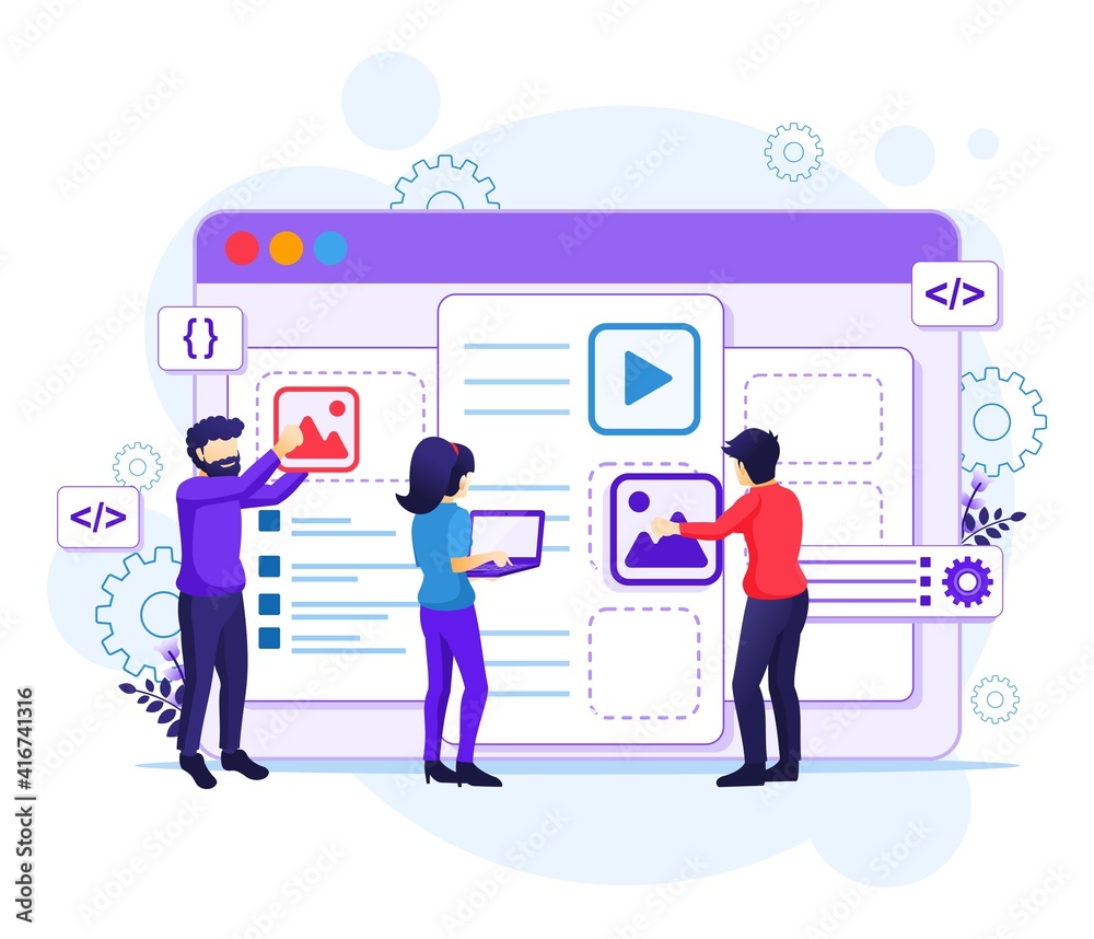 Wall mural web design concept, people creating an web application design, content and text place illustration