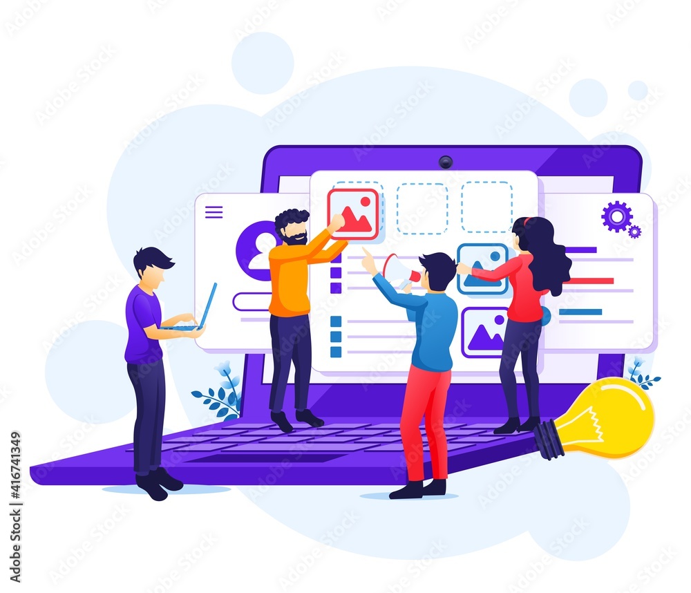 Wall mural ui ux design concept, people creating an application design, content and text place illustration