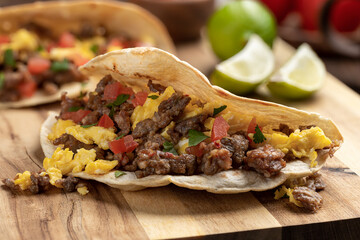 Breakfast Tacos With Egg, Sausage and Tomato - 416741364