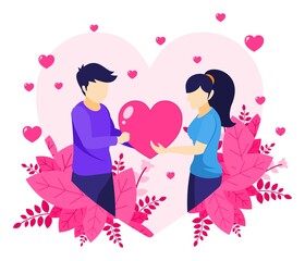 A man is expressing love by giving a heart symbol to a woman. Valentine Day Celebration. Man and Woman in Relations illustration