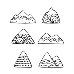 Mountain doodle hand drawn symbol. Nature isolated design top illustration. Travel set snow emblem vector hand hiking ice adventure rock peak concept collection.
