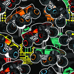 Abstract seamless Monster Truck car pattern on grunge shape cracked background with shabby dots and spray paint texture, ink. Boys style wheel auto repeated backdrop.  © SokolArtStudio