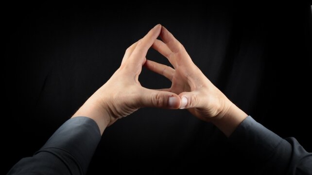 male hands gesture concentration and constructiveness, hands form a roof with a gesture, black background