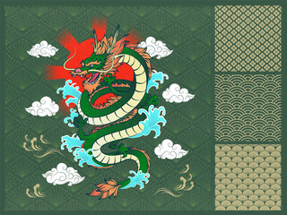 Abstract Art Japanese Flying Green Dragon with Sun, Radiant, Cloud, Windy Lines and Water Splash Graphic Surround with Gold Sakura, Wave and Bush Pattern Design on Green Background for Wrapping Paper