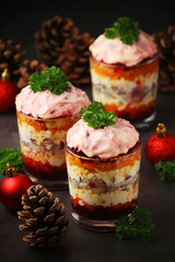 Dressed herring or herring under fur - traditional Russian salad