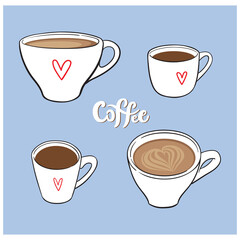Set of vector hand-drawn different coffee mugs isolated on blue background. Latte, cappuccino, espresso in minimalist menu style. Cartoon illustrations for stickers, advert, social media.