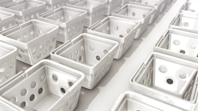 a lot of plastic baskets in a row 4k. High quality 4k footage