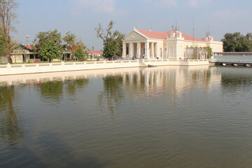 river and building at the royal palace in bang pa-in in thailand