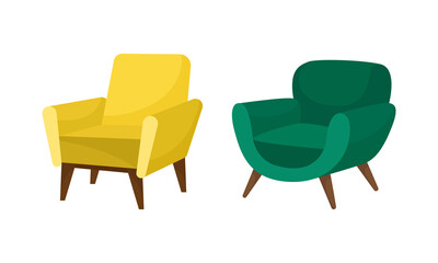 Armchair as Seat and Piece of Furniture with Armrests and Wooden Legs Vector Set