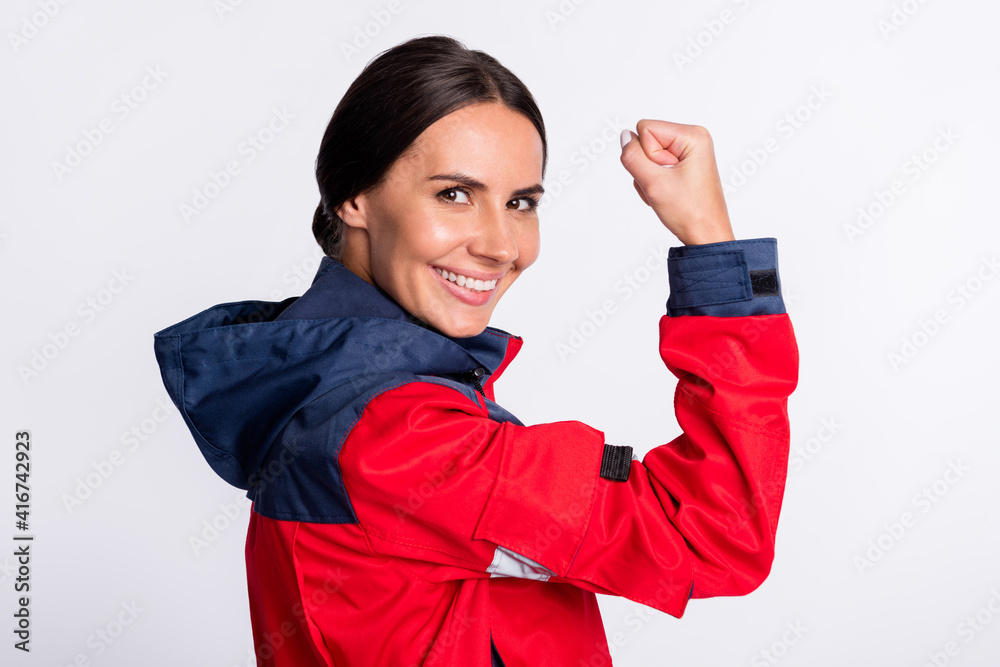 Poster profile side photo of young woman happy positive smile paramedic first aid show hand power hero isol