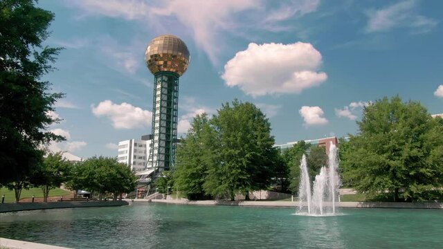 Aerial: The Sunsphere and fountain, Knoxville, Georgia, USA