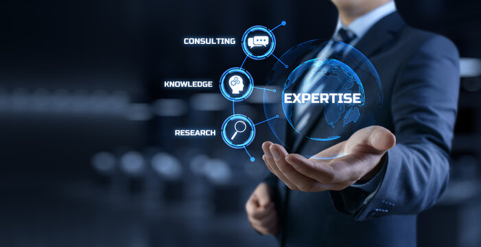 Expertise business consulting concept. Businessman pressing button on screen.