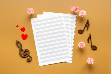Valentines day music with notes and flowers. Songs of love