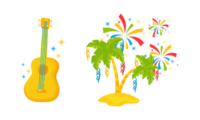 Festive Brazil Attributes with Guitar, Decorated Palm Tree and Firework Vector Set
