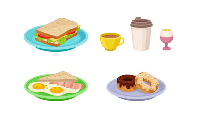 Breakfast with Sandwich, Sweet Doughnut and Scrambled Egg on Plate Vector Set